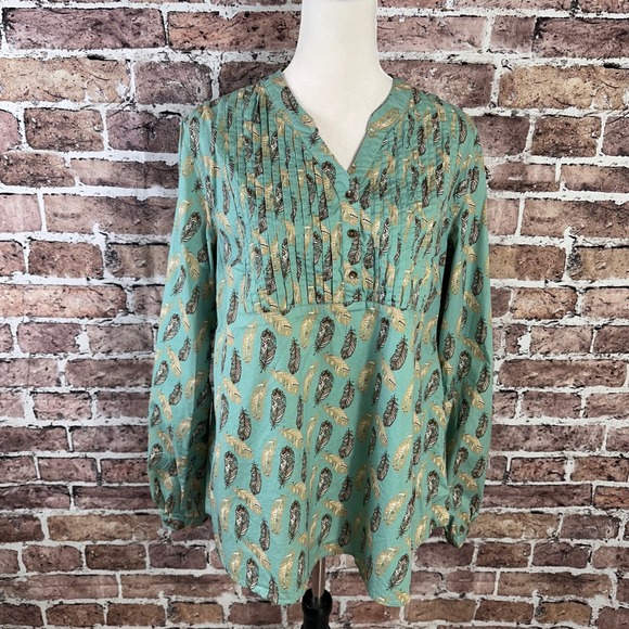 Bit & Bridle Women Teal Feather Print Pintuck Boho Blouse Top X-Large Cow Girl - Picture 2 of 13